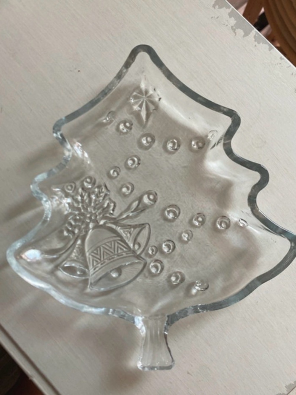 Clear Glass Tree-Shaped Decorative Tray with Bell Motif